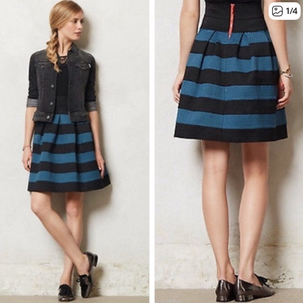 ANTHROPOLOGIE M/L Coastal Preppy Rugby Stripe ML Ponte Bell Black Blue Skirt